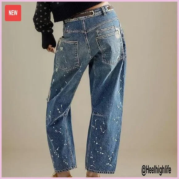 Pull-On Barrel Jeans Boyfriend Fit Elastic Waist Stretchy Denim Pants
